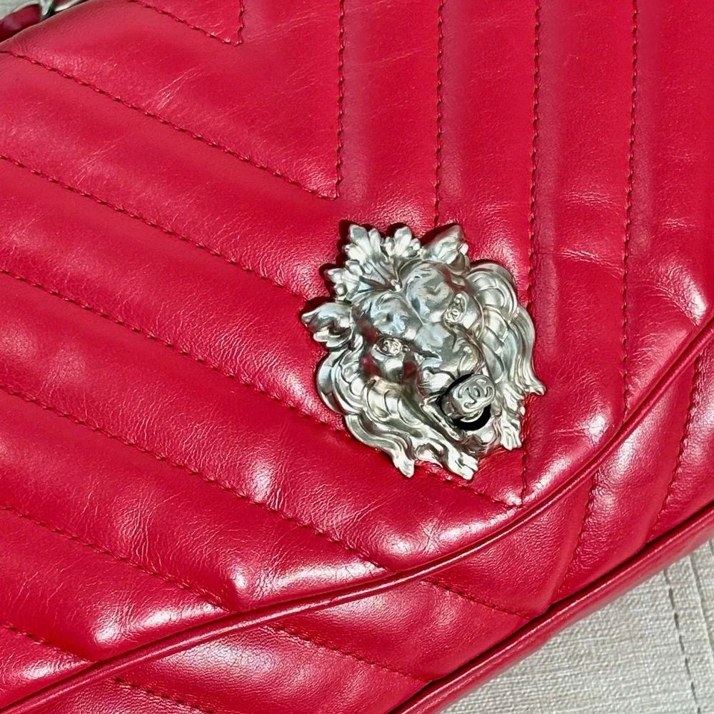 CHANEL Red Lambskin Chevron Flap Bag SHW Lion Hardware - Picture 8 of 16